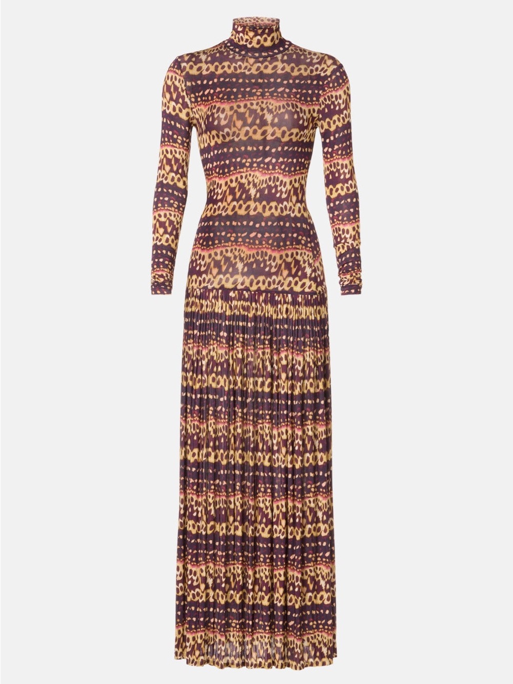 Ulla Johnson Long-Sleeve Turtleneck Maxi Dress in Brown and Gold Animal Print